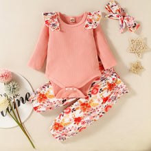 Load image into Gallery viewer, Baby Floral Ruffle Shoulder Ribbed Bodysuit and Pants Set
