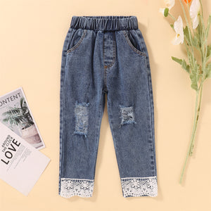 Girls Drawstring Sweatshirt and Lace Trim Destroyed Jeans