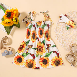 Girls Sunflower Print Tie Shoulder Dress