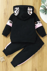 Baby Girl Mixed Print Hoodie and Joggers Set with Ears
