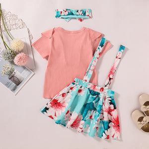 Girls Ruffle Trim Tee Shirt and Floral Pinafore Skirt Set