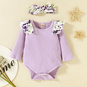 Baby Floral Ruffle Shoulder Ribbed Bodysuit and Pants Set