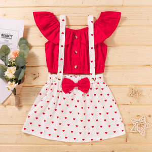 Girls Buttoned Top and Heart Print Pinafore Dress Set