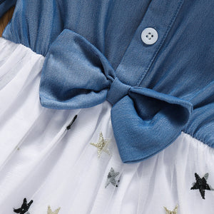 Girls Star Print Two-Tone Bow Detail Dress