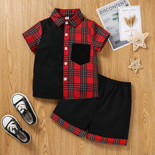 Load image into Gallery viewer, Boys Plaid Spliced Short Sleeve Shirt and Shorts Set
