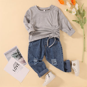 Girls Drawstring Sweatshirt and Lace Trim Destroyed Jeans