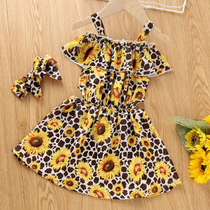 Girls Sunflower Leopard Print Cold-Shoulder Dress