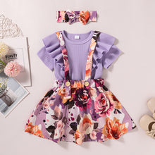 Load image into Gallery viewer, Girls Ruffle Trim Tee Shirt and Floral Pinafore Skirt Set
