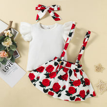 Load image into Gallery viewer, Girls Flutter Sleeve Tee and Rose Print Pinafore Dress Set
