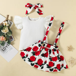 Girls Flutter Sleeve Tee and Rose Print Pinafore Dress Set