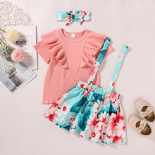 Load image into Gallery viewer, Girls Ruffle Trim Tee Shirt and Floral Pinafore Skirt Set

