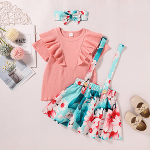 Girls Ruffle Trim Tee Shirt and Floral Pinafore Skirt Set