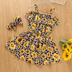 Girls Sunflower Leopard Print Cold-Shoulder Dress