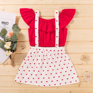 Girls Buttoned Top and Heart Print Pinafore Dress Set