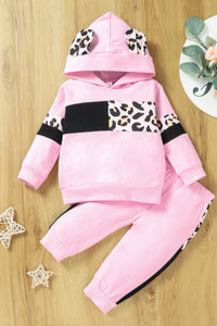 Baby Girl Mixed Print Hoodie and Joggers Set with Ears