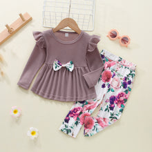 Load image into Gallery viewer, Girls Ruffle Hem Waffle Knit Top and Floral Pants Set
