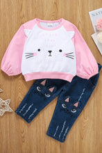 Load image into Gallery viewer, Girls Kitty Face Top and Jeans Set
