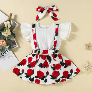 Girls Flutter Sleeve Tee and Rose Print Pinafore Dress Set