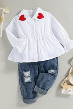 Load image into Gallery viewer, Girls Heart Detail Peplum Shirt and Lace Trim Jeans Set
