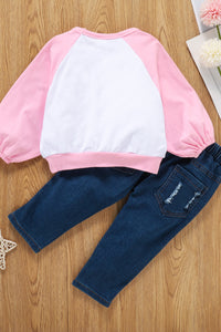 Girls Kitty Face Top and Jeans Set
