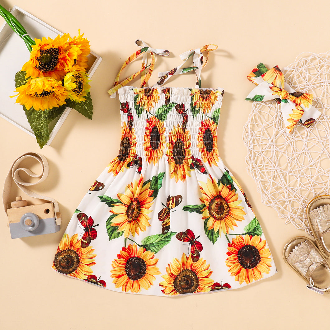 Girls Sunflower Print Tie Shoulder Dress