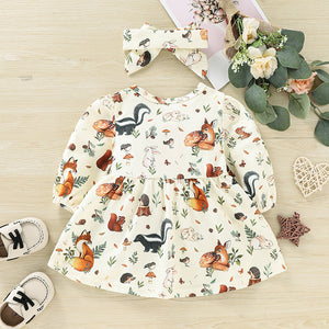 Girls Woodland Creatures Bow Detail Waffle-Knit Dress